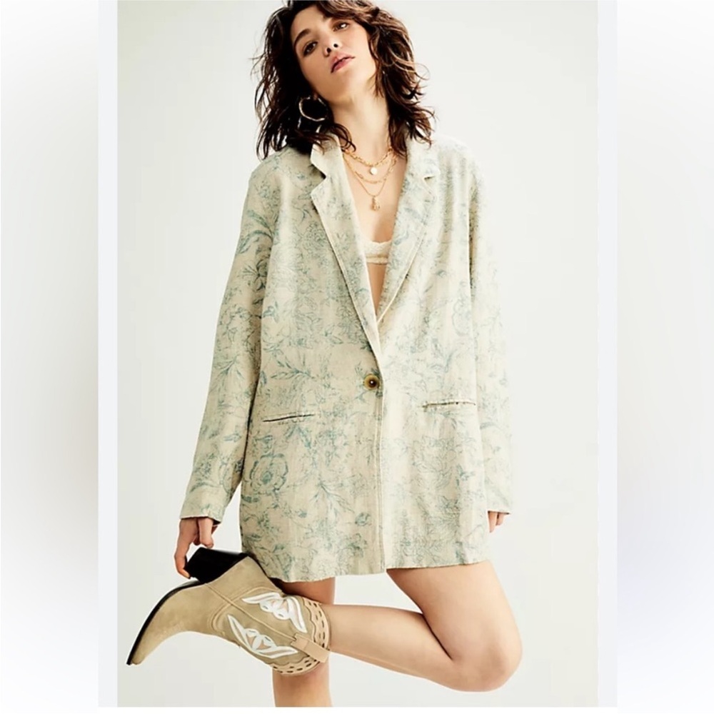 We The Free Cream and Blue Floral Blazer